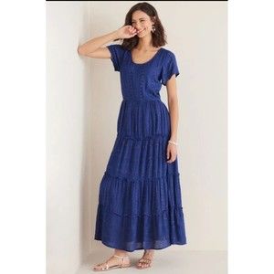 New Soft Surroundings Tiered Maxi Dress Size Medium 10-12 Kara Blue Sequins Boho
